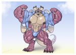  anthro borisalien bulge clothed clothing flexing huge_muscles hybrid looking_at_viewer male muscular muscular_male open_shirt pecs scalie solo standing underwear 