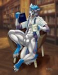  2019 abs animal_genitalia balls blue_eyes blue_fur blue_hair book canid canine canis clothed clothing cup domestic_dog eyewear frostwolf fur glasses hair hi_res husky library looking_at_viewer male mammal necktie nordic_sled_dog partially_clothed penis richard_foley sheath sitting solo spitz teacher 