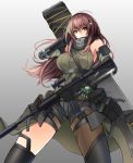  1girl arm_strap armor armpits assault_rifle asymmetrical_legwear bandana bangs brown_eyes brown_hair case closed_mouth clothes_around_waist collarbone commentary_request detached_sleeves elbow_pads eyebrows_visible_through_hair floating_hair gauntlets girls_frontline gloves gun hair_between_eyes hand_in_hair headset highres holding holding_gun holding_weapon jacket_around_waist long_hair m4_carbine m4a1_(girls_frontline) magazine_(weapon) mod3_(girls_frontline) multicolored_hair pigat pouch revision ribbed_legwear ribbed_sweater rifle scope sidelocks simple_background skindentation solo strap streaked_hair sweater sweater_vest thigh_strap thighs two-tone_hair weapon weapon_case white_background wind wind_lift 