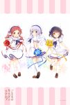  3girls absurdres anko_(gochiusa) artist_name blue_eyes blue_hair blue_neckwear blue_ribbon blush bouquet brown_eyes brown_footwear closed_mouth copyright_name drill_hair eyebrows_visible_through_hair flower gochuumon_wa_usagi_desu_ka? hat highres holding holding_bouquet jouga_maya kafuu_chino kneehighs koi_(koisan) loafers long_hair looking_at_viewer low_twintails multiple_girls natsu_megumi neckerchief official_art one_eye_closed open_mouth red_eyes red_hair red_ribbon ribbon sailor_collar shoes short_hair smile tippy_(gochiusa) tongue tongue_out twin_drills twintails white_headwear white_legwear wild_geese yellow_ribbon 