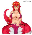  1girl artist_name bare_arms bare_shoulders bikini breasts cursedsoap eyebrows_visible_through_hair forked_tongue hair_between_eyes hair_ornament hairclip huge_breasts lamia large_breasts looking_down miia_(monster_musume) monster_girl monster_musume_no_iru_nichijou navel o-ring o-ring_bikini o-ring_bottom o-ring_top pelvic_curtain pointy_ears red_hair scales simple_background slit_pupils swimsuit tail tongue tongue_out white_background yellow_eyes 