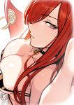  1girl bangs bikini breasts cape chain choker cleavage collarbone evan_yang fate/grand_order fate_(series) hair_over_one_eye highres large_breasts long_hair looking_at_viewer oda_nobunaga_(fate) oda_nobunaga_(maou_avenger)_(fate) parted_lips red_cape red_eyes red_hair self_shot simple_background smile solo swimsuit very_long_hair white_background 