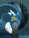  2016 2_tails anthro belt bethesda_softworks blue_fur blue_hair boots cables caitlyn_(swordfox) cave clothing crossover door fallout felid feline footwear fur hair hi_res kompy looking_back mammal meowstic multi_tail nintendo pip-boy pok&eacute;mon pok&eacute;mon_(species) pok&eacute;morph post-apocalyptic red_eyes shadow silhouette story story_in_description vault vault_door vault_suit video_games white_fur yellow_sclera 