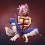  1:1 2019 anthro bottomwear bound breasts brown_collar canid canine canis claws clothed clothing collar digital_media_(artwork) domestic_dog ear_piercing ear_ring facial_piercing female fully_clothed green_eyes hair hi_res husky industrial_piercing kaimera looking_at_viewer mammal multiple_piercings nordic_sled_dog nose_piercing nose_ring pants piercing pink_claws pink_hair septum_piercing siplickishida sitting solo spitz straitjacket toe_claws 