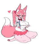  &lt;3 &lt;3_eyes 2019 angel_(artist) anthro areola bottomwear breasts canid canine clothed clothing collar cute_fangs female fluffy fluffy_tail fox fur half-closed_eyes hand_on_breast inner_ear_fluff kneeling looking_at_viewer mammal open_mouth partially_clothed pink_eyes simple_background skimpy skirt solo white_background white_fur 