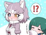  !? 2girls :3 animal_ear_fluff animal_ears bangs blue_eyes blue_shirt blush bow breasts closed_eyes commentary_request dog_(mixed_breed)_(kemono_friends) dog_ears dog_tail eyebrows_visible_through_hair green_hair grey_hair hair_bow heterochromia jacket kemono_friends multicolored_hair multiple_girls open_mouth ransusan shirt short_hair short_sleeves simple_background smile spoken_interrobang tail tomoe_(kemono_friends)_(niconico88059799) translation_request upper_body white_hair yellow_eyes 