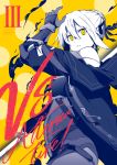  1girl arm_up artoria_pendragon_(all) bangs bare_shoulders braid coat commentary_request cover cover_page cowboy_shot doujin_cover duffel_coat english_text fate/grand_order fate_(series) from_side gloves hair_between_eyes hair_bun hair_ornament hair_ribbon halftone highres holding holding_sword holding_weapon limited_palette long_sleeves looking_at_viewer mysterious_heroine_x_(alter) off_shoulder open_clothes open_coat open_mouth parted_lips partially_colored ribbon short_hair sidelocks solo spot_color standing sword tsukamoto_minori vambraces weapon yellow_background yellow_eyes 