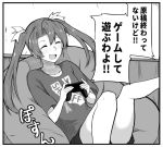  1girl alternate_costume bean_bag casual closed_eyes commentary_request controller game_controller greyscale hair_ribbon kantai_collection long_hair monochrome nikonikosiro ribbon shirt shorts sitting smile solo t-shirt translation_request twintails zuikaku_(kantai_collection) 