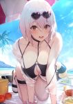  1girl all_fours azur_lane bangs beach beach_mat beach_umbrella bikini black_bikini black_footwear blue_sky blush breasts choker cleavage cloud collarbone commentary_request day eyebrows_visible_through_hair eyewear_on_head food hair_between_eyes heart heart-shaped_eyewear highres kakage large_breasts light_particles looking_at_viewer manjuu_(azur_lane) navel o-ring o-ring_top open_mouth outdoors red_eyes sandals scrunchie shirt short_hair sirius_(azur_lane) sirius_(midsummer_seirios)_(azur_lane) sky solo summer sunglasses swimsuit thigh_strap translucent_shirt umbrella white_hair white_scrunchie wrist_scrunchie 