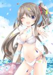  1girl ;d bangs bare_arms bare_shoulders bikini blue_eyes blue_sky blush breasts brown_hair cleavage cloud cloudy_sky collarbone copyright_request dated day eyebrows_visible_through_hair groin hair_between_eyes hair_ornament hair_scrunchie holding holding_innertube horizon innertube large_breasts long_hair nanase_nao navel ocean one_eye_closed open_mouth outdoors outstretched_arm petals polka_dot polka_dot_scrunchie red_scrunchie scrunchie side_ponytail sidelocks sky smile solo swimsuit transparent twitter_username very_long_hair water water_drop white_bikini 