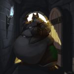  1:1 anthro belly belly_overhang big_belly brick_wall caleb_lloyd caleblloyd canid canine chubby_cheeks clothed clothing detailed_background door fox fur gloves handwear hi_res hyper hyper_belly inside male mammal moobs obese obese_male open_vest orange_fur overweight overweight_male solo standing stuck thick_thighs torch white_fur wide_hips 