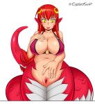  1girl artist_name bare_arms bare_shoulders bikini breasts cursedsoap eyebrows_visible_through_hair forked_tongue hair_between_eyes hair_ornament hairclip huge_breasts lamia large_breasts looking_down miia_(monster_musume) monster_girl monster_musume_no_iru_nichijou navel o-ring o-ring_bikini o-ring_top pelvic_curtain pointy_ears pussy red_hair scales simple_background slit_pupils swimsuit tail tongue tongue_out white_background yellow_eyes 
