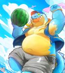  2019 absurd_res anthro belly blue_body bottomwear clothing crocodile crocodilian crocodylid eyes_closed food fruit hat headgear headwear hi_res lates312 makara male melon moobs navel overweight overweight_male plant reptile scalie shorts solo teeth tokyo_afterschool_summoners tongue video_games water watermelon 