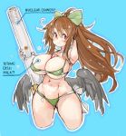  1girl bikini bird_wings black_wings blue_background blush bow breasts cannon commentary_request cowboy_shot english_text eyeball green_bikini green_bow hair_bow huge_breasts looking_at_viewer navel ponytail red_eyes reiuji_utsuho sachito side-tie_bikini solo subterranean_animism swimsuit third_eye touhou wet wings 