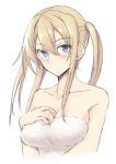  1girl blonde_hair blue_eyes blush breasts cleavage cropped_torso graf_zeppelin_(kantai_collection) hair_between_eyes hand_on_own_chest kantai_collection long_hair looking_at_viewer medium_breasts nahu naked_towel solo towel twintails white_background 