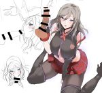  1girl alisa_ilinichina_amiella bare_shoulders black_footwear blue_eyes blush boots breasts commentary_request elbow_gloves erection fellatio fingerless_gloves gloves god_eater god_eater_2:_rage_burst god_eater_burst highres large_breasts long_hair navel oral penis plaid plaid_skirt silver_hair sitting skirt slept_(re_mix) suspender_skirt suspenders testicles thigh_boots thighhighs wariza 