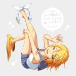  1girl black_collar black_shorts blonde_hair blue_eyes bow collar commentary foot_hold from_above hair_ornament hairclip half-closed_eyes hand_up headphones headphones_removed headset holding holding_hair_ornament kagamine_rin legs_up looking_at_viewer looking_up neckerchief neckerchief_removed nokuhashi sailor_collar school_uniform shirt short_hair shorts shoulder_tattoo sideways sleeveless sleeveless_shirt smile solo speech_bubble square tattoo translated vocaloid white_bow white_shirt yellow_neckwear 