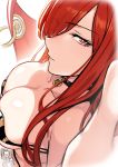  1girl bangs bikini breasts cape chain cleavage collar commentary_request evan_yang eyebrows_visible_through_hair eyes_visible_through_hair fate/grand_order fate_(series) highres large_breasts lips long_hair looking_at_viewer looking_to_the_side nose oda_nobunaga_(fate) oda_nobunaga_(maou_avenger)_(fate) parted_lips red_eyes red_hair solo strapless strapless_bikini swimsuit very_long_hair 