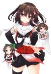 3girls black_gloves black_legwear black_skirt brown_eyes brown_hair chibi commentary_request cowboy_shot double-breasted elbow_gloves fingerless_gloves gloves highres izumo_ayuka jintsuu_(kantai_collection) kantai_collection looking_at_viewer multiple_girls naka_(kantai_collection) neckerchief remodel_(kantai_collection) scarf school_uniform sendai_(kantai_collection) serafuku short_hair simple_background single_thighhigh skirt smile solo_focus standing thighhighs two_side_up white_background white_scarf 