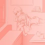  2girls ass bad_proportions book clenched_hand coffee_cup couch crossed_legs cup disposable_cup dragon_horns eyewear_removed hair_over_eyes highres horns indoors kobayashi-san_chi_no_maidragon kobayashi_(maidragon) light_smile multiple_girls pink_theme shelf short_hair sketch sleeping table tooru_(maidragon) yeee00 yuri 
