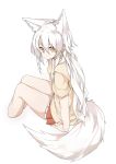  1girl animal_ear_fluff animal_ears commentary_request expressionless extra_ears fox_ears fox_tail frilled_skirt frills highres long_hair looking_at_viewer original red_skirt shirt short_sleeves sitting skirt tail waichi white_hair yellow_eyes 
