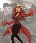  2019 6_breasts absurd_res amulet anthro beingobscene bottomwear breasts brown_hair clothing dialogue domestic_cat felid feline felis female hair hi_res long_hair mammal multi_breast nipple_outline open_mouth pants photo_background scarlet_witch solo standing surprise tabby transformation whiskers 