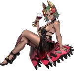  1girl black_swimsuit breasts crossed_legs cup dark_skin drinking_glass ebinku fire_emblem fire_emblem_heroes flower from_side full_body gradient_hair green_hair hair_flower hair_ornament high_heels highres holding laegjarn_(fire_emblem) looking_to_the_side multicolored_hair orange_hair parted_lips sarong short_hair sideboob simple_background solo swimsuit white_background wine_glass 