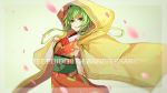  1girl anniversary blurry blurry_foreground bracelet cherry_blossoms commentary cowboy_shot depth_of_field floral_print green_eyes green_hair gumi highres holding japanese_clothes jewelry kimono obi orange_kimono petals sash short_hair_with_long_locks sidelocks smile solo uchikake vocaloid yen-mi 