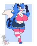  2018 5_fingers anthro belly big_breasts biped blue_fur bottomwear breasts canid canine cleavage clothed clothing crop_top deep_navel digital_media_(artwork) eye_patch eyewear female fingers fox front_view fur hair heterochromia hi_res kingretrokirby lazuli_(doggod.va) legwear looking_at_viewer mammal midriff multicolored_eyes multicolored_fur multicolored_tail navel open_mouth open_smile pattern_clothing pattern_legwear pink_eyes purple_eyes shirt shorts slightly_chubby smile socks striped_clothing striped_legwear striped_socks stripes thick_thighs thigh_highs toes topwear two_tone_eyes voluptuous white_fur wide_hips 