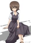  1girl arm_support artist_name bangs black_dress breasts brown_eyes brown_footwear brown_hair bukkuri cleavage closed_mouth collared_dress commentary dated dress eyebrows_visible_through_hair girls_und_panzer hand_on_lap light_smile long_dress looking_at_viewer medium_breasts nishizumi_maho shoes short_hair short_sleeves signature simple_background sitting smile solo white_background 