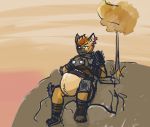 anthro armor binoculars canid canine canis coyote kairyu-shin male male_pregnancy mammal pregnant quib sitting solo 
