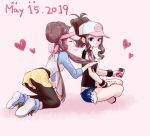  anniversary back bangs baseball_cap bent_over black_wristband blue_eyes blush breasts brown_hair criss-cross_halter cutoffs denim denim_shorts double_bun from_behind full_body hair_between_eyes halterneck hat heart highres kneeling long_hair long_sleeves mei_(pokemon) minapo multiple_girls open_mouth pantyhose pokegear pokemon pokemon_(game) pokemon_bw pokemon_bw2 ponytail shirt shorts sidelocks simple_background sitting smile thighs touko_(pokemon) visor yellow_shorts yuri 