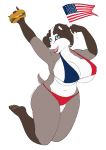  anthro badger big_breasts bikini breasts burger clothed clothing female food hi_res mammal momosukida mustelid musteline nipple_outline open_mouth solo stars_and_stripes swimwear united_states_of_america 
