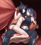  2girls :p animal_ears ass ass_grab au_ra bangs bare_arms bare_shoulders barefoot black_hair black_pants blue_eyes breasts cat_ears cat_tail clothed_female_nude_female commission curtains elbow_rest final_fantasy final_fantasy_xiv hair_over_one_eye highres horns jiffic large_breasts long_hair looking_at_viewer midriff miqo&#039;te multicolored_hair multiple_girls navel nipples nude pants parted_lips saliva saliva_trail scales short_hair silver_hair sitting smile spread_legs straddling streaked_hair tail thigh_straddling throne tongue tongue_out turtleneck two-tone_hair whisker_markings yellow_eyes yuri 
