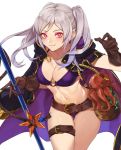 1girl belt belt_buckle bikini braid breasts buckle cleavage closed_mouth coat fire_emblem fire_emblem_awakening fire_emblem_heroes gloves glowing glowing_eyes grima_(fire_emblem) highres holding holding_weapon kamu_(kamuuei) looking_at_viewer o-ring o-ring_bikini o-ring_top octopus red_eyes robin_(fire_emblem) robin_(fire_emblem)_(female) rope seaweed silver_hair simple_background smile starfish swimsuit thigh_strap twintails weapon white_background 