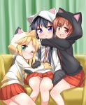  3girls ;3 ;d animal_ears animal_hood black_gloves black_hair black_hoodie blonde_hair blush brown_gloves brown_hair cat_ears cat_hood closed_mouth commentary_request couch curtains fake_animal_ears gloves green_eyes himesaka_noa hood hood_up hoodie hoshino_hinata inyucchi long_hair looking_at_viewer multiple_girls on_couch one_eye_closed open_mouth panties parted_lips paw_gloves paws pleated_skirt purple_eyes red_eyes red_skirt shirosaki_hana skirt smile underwear watashi_ni_tenshi_ga_maiorita! white_gloves white_hoodie white_panties 