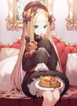  1girl abigail_williams_(fate/grand_order) absurdres bangs black_bow black_dress black_headwear blonde_hair blue_eyes bow closed_mouth couch dress eating fate/grand_order fate_(series) food forehead fork hair_bow highres holding holding_stuffed_animal long_hair long_sleeves looking_at_viewer munseonghwa orange_bow pancake parted_bangs polka_dot polka_dot_bow ribbed_dress sitting sleeves_past_fingers sleeves_past_wrists solo stuffed_animal stuffed_toy teddy_bear very_long_hair white_bloomers 