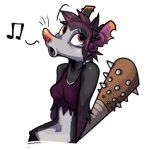  1:1 2019 anthro breasts clothed clothing didelphid digital_media_(artwork) female hair holding_object holding_weapon mammal marsupial purple_eyes purple_hair solo virginia_opossum weapon zenirix 