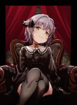  1girl armchair black_dress black_legwear black_ribbon blush brown_eyes chair choker collarbone commentary crossed_legs curtains dress eyebrows_visible_through_hair feet_out_of_frame gothic_lolita hair_flaps hair_intakes hair_ornament hair_ribbon head_tilt idolmaster idolmaster_cinderella_girls koshimizu_sachiko lavender_hair lolita_fashion long_sleeves looking_at_viewer ribbon ribbon_choker short_hair sitting sleeves_past_wrists smile solo thighhighs yukie_(kusaka_shi) zettai_ryouiki 