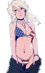  1girl american_flag_bikini bikini bikini_under_clothes blue_eyes breasts choker cleavage commentary contrapposto dave_cheung dog_tags english_commentary flag_print fourth_of_july highres lips looking_to_the_side lowleg lowleg_bikini medium_breasts medium_hair navel navel_piercing nose original pants_pull piercing platinum_blonde_hair pulled_by_self ribbon_choker solo standing swimsuit undressing white_background 