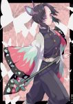  1girl black_hair black_jacket black_pants brown_eyes butterfly_hair_ornament cold861227 dated floating_hair from_side hair_ornament haori highres holding holding_sword holding_weapon jacket japanese_clothes kimetsu_no_yaiba kochou_shinobu long_sleeves military military_jacket military_uniform pants short_hair sidelocks solo sword uniform weapon 