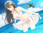  akahi242 bare_shoulders bikini blue_sky blush bracelet breasts cleavage closed_eyes collarbone day e16a_zuiun facing_viewer grey_hair hair_ornament hairband hairclip haruna_(kantai_collection) jewelry kantai_collection large_breasts long_hair midriff navel open_mouth partially_submerged sky swimsuit white_bikini white_hairband 