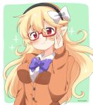  1girl alternate_costume bespectacled black_hairband blonde_hair closed_mouth corrin_(fire_emblem) corrin_(fire_emblem)_(female) eromame fire_emblem fire_emblem_fates glasses green_background hairband long_hair long_sleeves pointy_ears red-framed_eyewear red_eyes simple_background solo twitter_username upper_body 