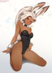  2019 5_fingers animal_humanoid bow breasts bunny_costume clothed clothing costume dark_skin digital_media_(artwork) female final_fantasy final_fantasy_xii fingers fishnet fishnet_legwear fran fur hair humanoid lagomorph lagomorph_humanoid legwear leotard looking_at_viewer mammal mammal_humanoid neocoill pink_eyes simple_background solo square_enix thick_thighs video_games viera white_fur white_hair 