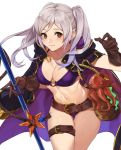  1girl belt belt_buckle bikini braid breasts brown_eyes buckle cleavage closed_mouth coat fire_emblem fire_emblem_awakening fire_emblem_heroes gloves highres holding holding_weapon kamu_(kamuuei) looking_at_viewer o-ring o-ring_bikini o-ring_top octopus robin_(fire_emblem) robin_(fire_emblem)_(female) rope seaweed silver_hair simple_background smile starfish swimsuit thigh_strap twintails weapon white_background 