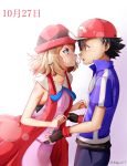  1boy 1girl ashujou baseball_cap black_gloves black_hair blue_jacket blue_ribbon brown_hair closed_mouth couple dated fingerless_gloves gloves hat highres imminent_kiss jacket neck_ribbon open_mouth pink_shirt pink_skirt pokemon pokemon_(anime) red_headwear ribbon satoshi_(pokemon) serena_(pokemon) shirt short_hair short_sleeves skirt sleeveless sleeveless_shirt smile standing twitter_username wristband 