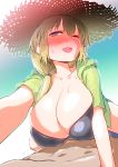  1girl ;d bangs bikini black_bikini blonde_hair blush breasts collarbone commentary_request eyebrows_visible_through_hair gradient gradient_background green_background hair_between_eyes hat hitotose_rin hood hoodie huge_breasts long_hair looking_at_viewer low_ponytail one_eye_closed open_clothes open_hoodie open_mouth outline pov short_sleeves simple_background smile solo_focus straddling straw_hat sweat swimsuit uzaki-chan_wa_asobitai! uzaki_tsuki white_outline 