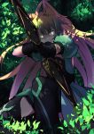  1girl aiming_at_viewer animal_ears atalanta_(fate) blonde_hair boots bow_(weapon) cat_ears commentary dappled_sunlight dress eyebrows_visible_through_hair fate/grand_order fate_(series) foliage gauntlets glowing glowing_eyes green_dress green_eyes kneeling leaf long_hair nahu solo sunlight thigh_boots thighhighs weapon 
