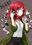  1girl black_pants cellphone character_name coat eyebrows_visible_through_hair green_coat grey_background highres holding holding_phone jewelry long_hair love_live! love_live!_school_idol_project necklace nishikino_maki open_clothes open_coat open_mouth pants phone purple_eyes red_hair ric_(fwpbox) shiny shiny_hair shirt smartphone solo standing white_shirt 