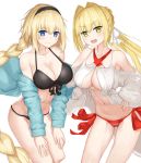  2girls absurdres bikini black_swimsuit blonde_hair blue_eyes blush fate/apocrypha fate/extra fate/grand_order fate_(series) flower green_eyes highres hoshibudou jeanne_d&#039;arc_(fate)_(all) jeanne_d&#039;arc_(swimsuit_archer) looking_at_viewer multiple_girls nero_claudius_(fate)_(all) nero_claudius_(swimsuit_caster)_(fate) open_mouth red_sweater ribbon rose simple_background smile sweater swimsuit swimsuit_under_clothes white_background white_flower white_ribbon white_rose 